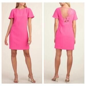 Share NWT TRINA TURK Sheath Short Sleeve Sheer Lace Floral Back Pink Dress | 6